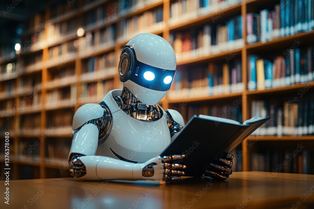 Poster in a serene library, an ai robot is focused on reading a book, illuminated by the soft glow of its e