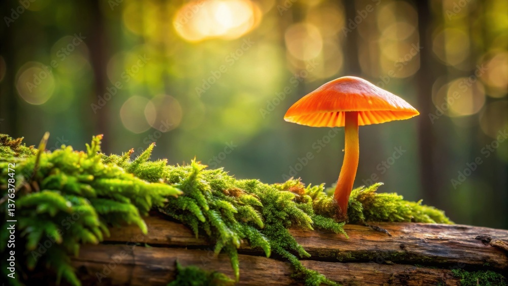 Poster a vibrant orange mushroom emerges from a bed of lush green moss atop a weathered log, bathed in the 