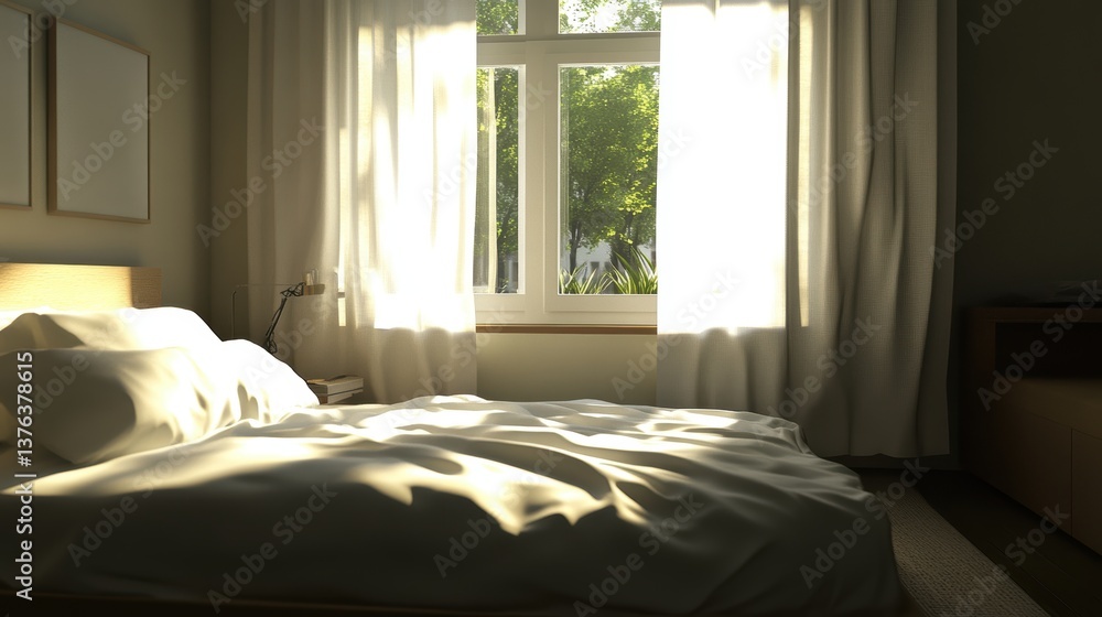 Poster sunlight streaming through sheer curtains illuminating a neatly made bed in a minimalist bedroom cre