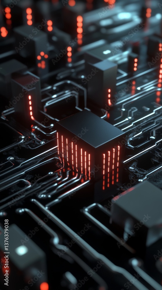 Aufkleber futuristic circuit board with glowing red lights and intricate pathways showcasing advanced technolo