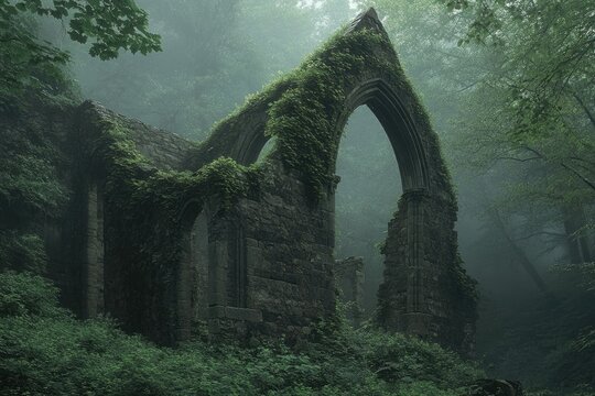 Overgrown ruins of a gothic building stand amidst a misty forest, cloaked in lush greenery, hinting at nature reclaiming forgotten places.