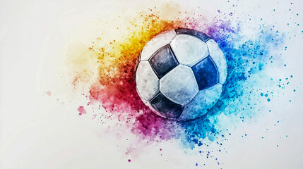 Soccer ball on a white background, with watercolor splashes of paint