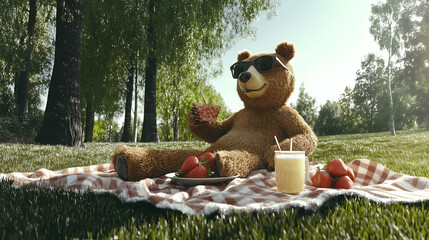 Bear enjoying a sunny picnic with strawberries and refreshing drink in a green park setting on a bright day