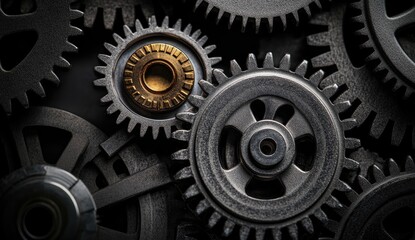 Close-up view of intricate gears and cogs.  Interconnected mechanism of metal gears, showing precision and intricate design