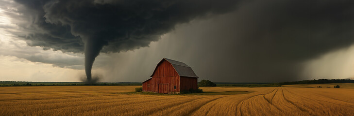 A tornado appears behind a barn in a midwestern rural area farm field. Panoramic wide angle view of a twister on the prairie horizon - severe weather in the midwest. Backdrop. Background.
