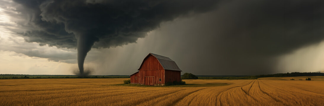 A tornado appears behind a barn in a midwestern rural area farm field. Panoramic wide angle view of a twister on the prairie horizon - severe weather in the midwest. Backdrop. Background.