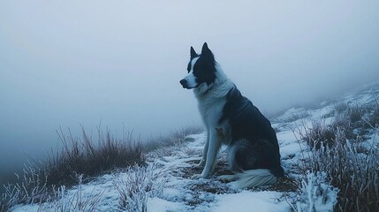 Border Collie performing a rescue drill, helping locate lost hikers in mountainous terrain with snow and mist around. [rescue]:[dogs] Border Collie, K9, rescue dog, mountainous terrain, snow, 