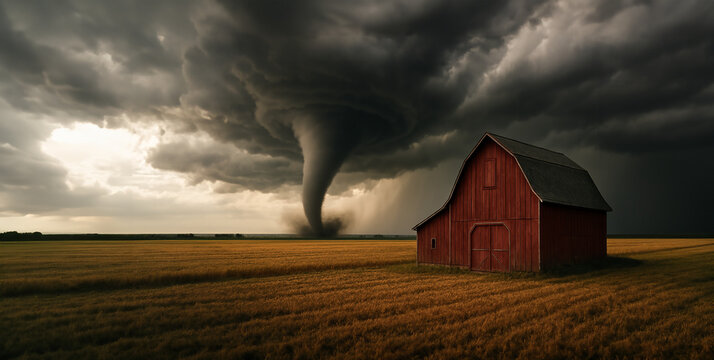 A tornado approaches behind a barn in a midwestern farm field. Panoramic wide angle view of a twister on the prairie horizon - severe weather in the midwest. Backdrop.