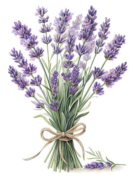 Lavender bouquet with ribbon in watercolor style in purple colors for relaxation and aromatherapy