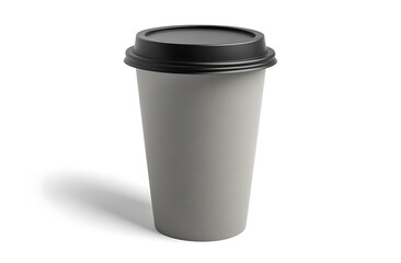 3D render of a grey-colored paper coffee cup with a black lid, on a white background