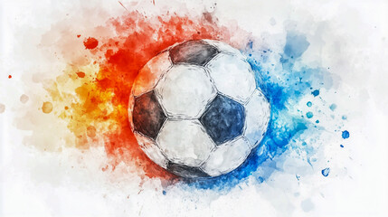 Soccer ball on a white background, with watercolor splashes of paint