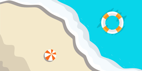 Minimalist beach scene with a ball on the sand and a lifebuoy floating in clear blue water © moche style