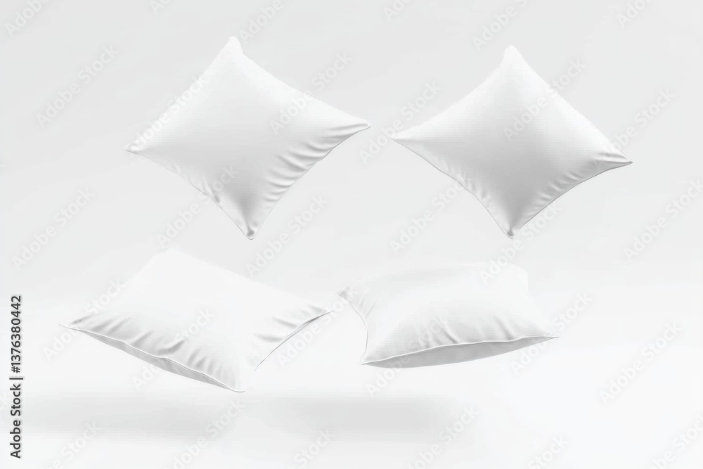 Poster white pillows appear to float effortlessly against a simple blank backdrop, conveying tranquility an