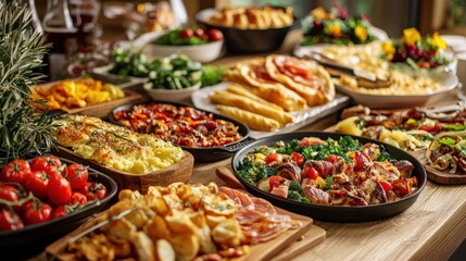 Bountiful Array of Colorful Dishes on a Rustic Wooden Table