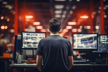 Rear view of a quality assurance technician working in a factory