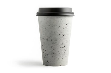 3D render of a grey-colored paper coffee cup with a black lid, on a white background