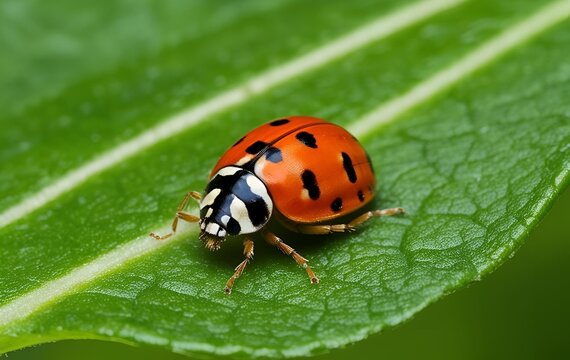 A close-up shot of a ladybug sitting on a green leaf