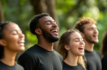 Fototapeta premium A group of young people in matching t-shirts laughing outdoors, blurred green forest background