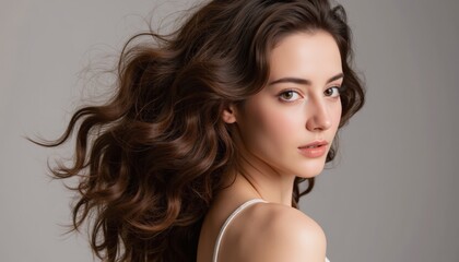 Naklejka premium Graceful Portrait of a Young Woman with Flowing Hair and Subtle Expression