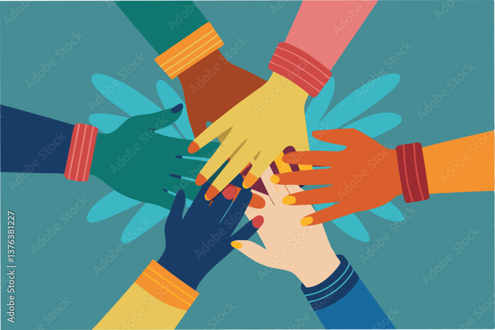 Poster diverse hands coming together symbolizing collaboration and unity in a professional setting to achie
