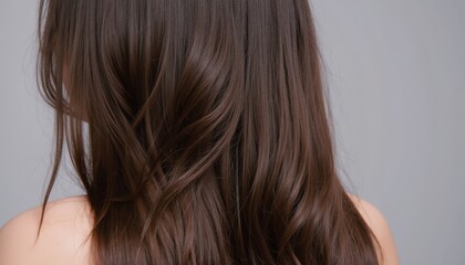 Obraz premium Close-Up View of Smooth, Shiny Brown Hair Draped on Shoulders Against Light Background