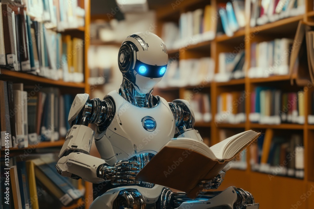 Poster in a library filled with books, a robot ai sits and focuses on reading a book, showcasing the blend 