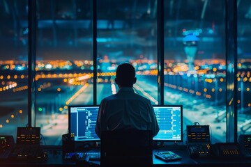 Rear view of a air traffic controller at his post in the control tower working on his screen