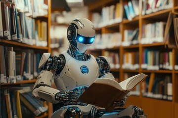 Fototapeta premium In a library filled with books, a robot AI sits and focuses on reading a book, showcasing the blend of technology and learning