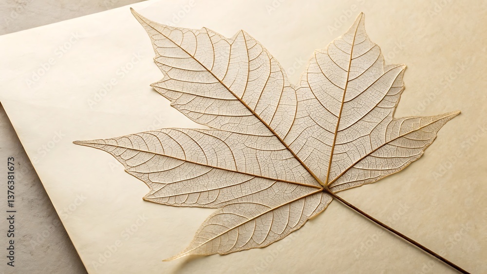 Poster delicate dried leaf skeleton resting on textured paper surface, emphasizing natural patterns and aut