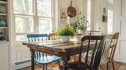 Obraz premium A small farmhouse dining room with a wooden table and mismatched chairs.