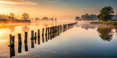 Serene Sunrise Over Still Water With Misty Reflections Of Trees And Wooden Posts