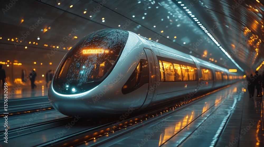 Poster an advanced autonomous train arrives at a futuristic transportation hub illuminated by modern lighti