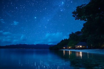 Obraz premium pond under starry sky dressed with shining stars night creatures and a mood that calls for quiet thought 
