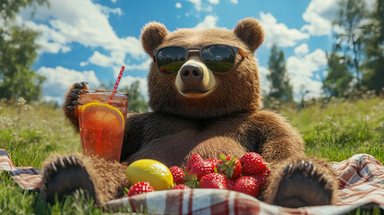 Bear enjoying a sunny day with lemonade and strawberries in a grassy field