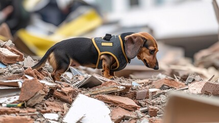 Dachshund in a small harness searches for survivors in narrow earthquake rubble, determined and agile. [rescue]:[dogs] Dachshund, small harness, earthquake rescue, narrow rubble, determined, 