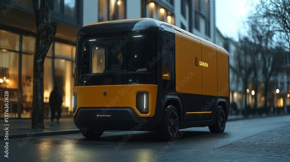 Poster Modern delivery vehicle showcases robotics and automation for efficient last mile transportation while navigating a city street during a cloudy day.