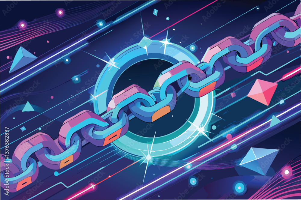 Aufkleber vibrant neon chain with a dynamic futuristic background featuring geometric shapes and bright colors