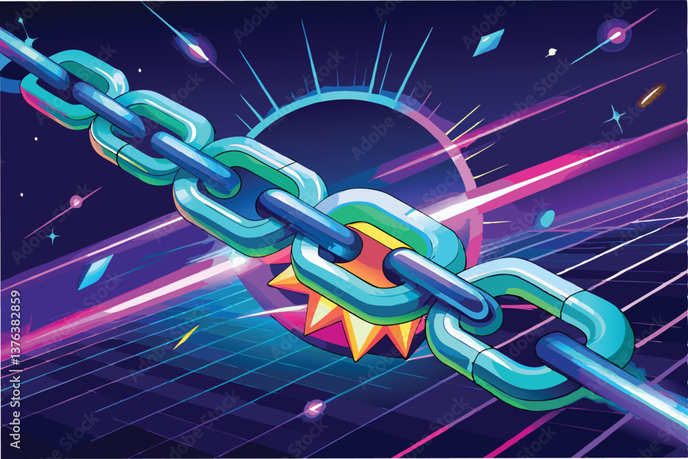Poster vibrant neon chain with a dynamic futuristic background featuring geometric shapes and bright colors