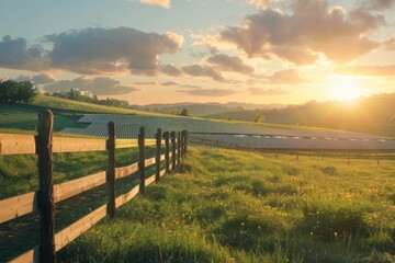 Obraz premium View of a solar farm on lush green field with sunset