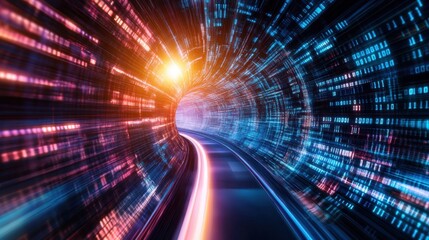 Dynamic light trails in a futuristic digital city environment