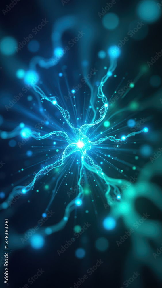 Poster dynamic molecular structure with glowing blue glp-1 molecules against a digital backdrop.