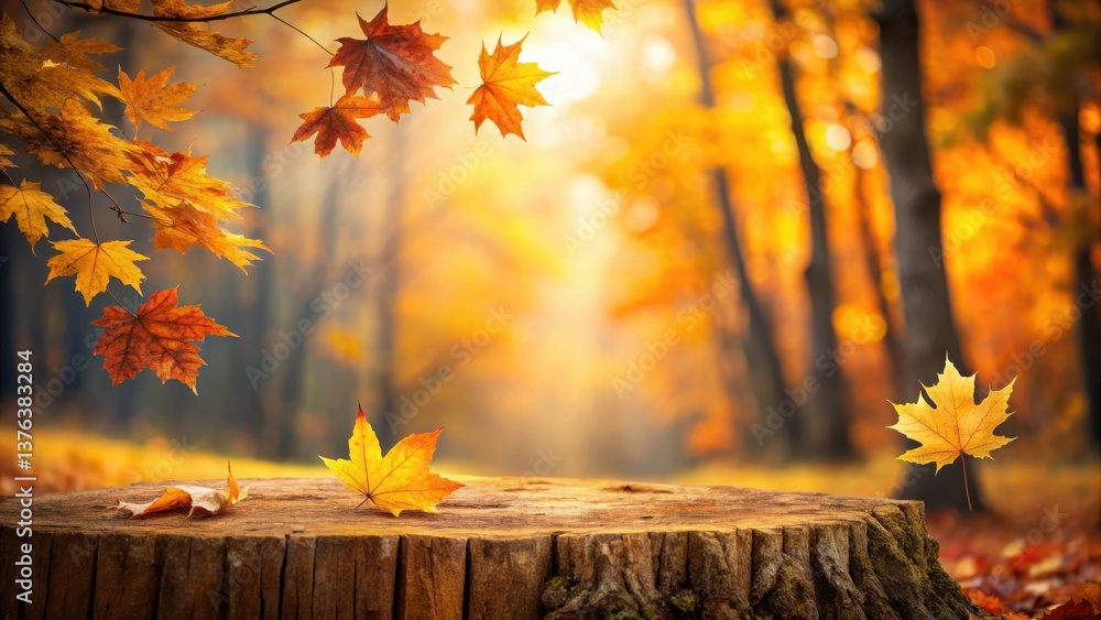 Poster autumnal serenity a rustic wooden stump display with falling maple leaves in a golden forest backdro