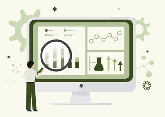 Data Analytics Scientific Research Dashboard Illustration. Professional analyzing graphs and scientific data on a computer dashboard with laboratory flask icon and statistical charts. Vector