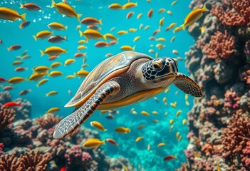 Naklejka premium Majestic Sea Turtle Gracefully Navigating a Vibrant Coral Reef Ecosystem Surrounded by a School of Colorful Fish