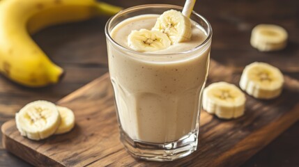Protein Shake in a Clear Glass with Banana Slices
