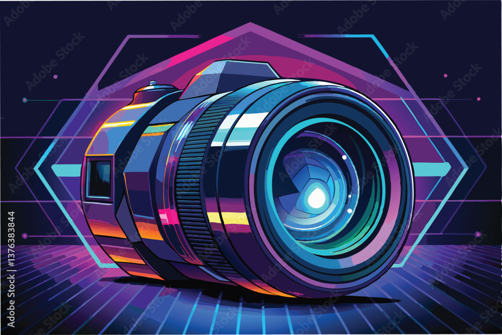 Aufkleber colorful vector illustration of a modern camera against a futuristic backdrop showcasing vibrant hue