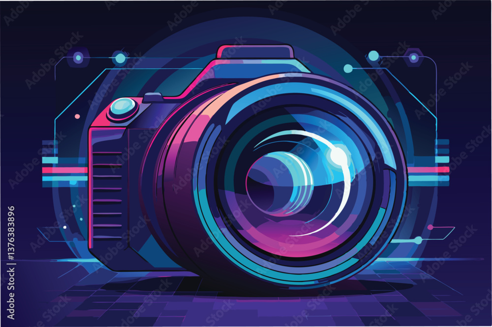Poster colorful vector illustration of a modern camera against a futuristic backdrop showcasing vibrant hue