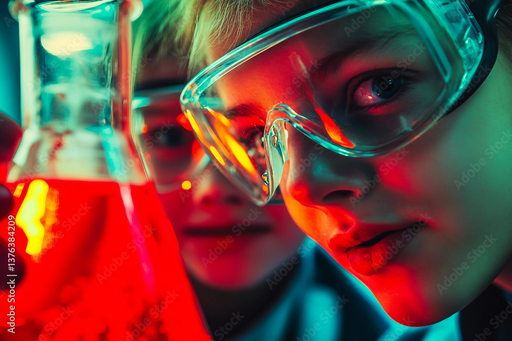 Poster children conducting scientific experiment in laboratory with colorful beakers generative ai