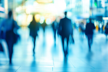 blurry image of a busy city street with people walking and carrying bags. Scene is busy and bustling, with people going about their daily lives
