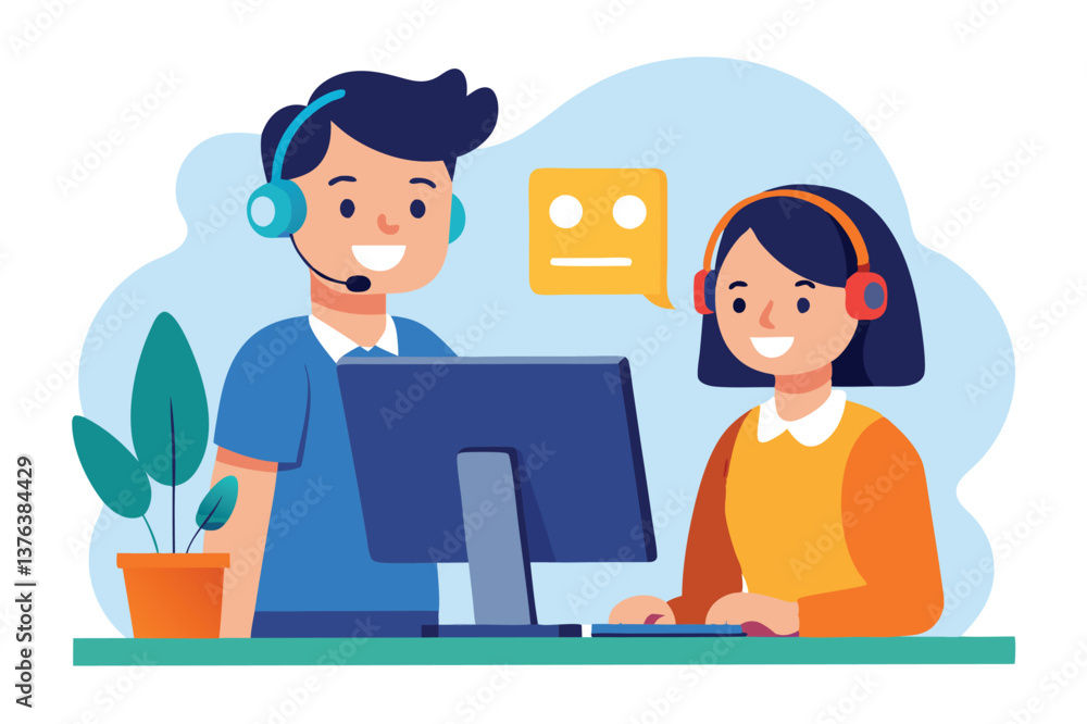 Poster vector illustration of two customer service representatives working at a desk with a computer, engag